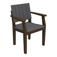 Gray slatted seat and back with dark brown wooden armrests and legs, perfect for outdoor seating.