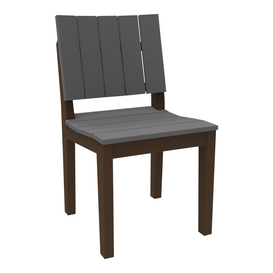 Gray slatted back chair with a dark brown frame, perfect for modern outdoor or indoor spaces.