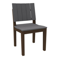 Gray slatted back chair with a dark brown frame, perfect for modern outdoor or indoor spaces.