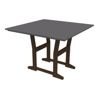 Square gray table with a slatted top and a dark brown, sturdy base. Ideal for outdoor or indoor use.