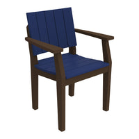 Navy blue slatted seat with dark brown wooden frame, perfect for outdoor or patio settings.