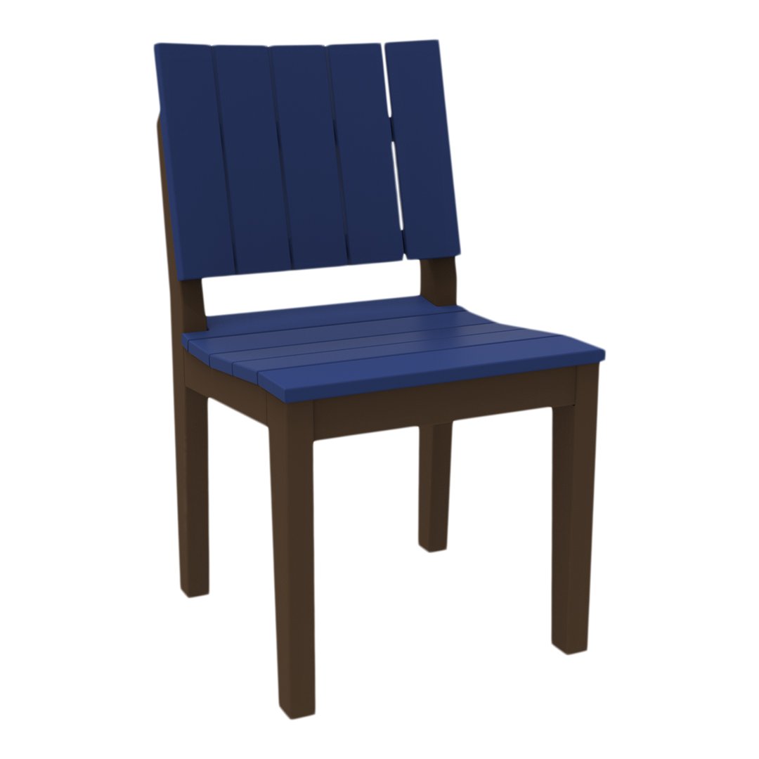 "Modern chair with a deep blue slatted seat and backrest, complemented by a rich brown wooden frame."