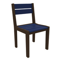 Navy blue slatted seat and backrest with dark brown wooden frame chair. Ideal for modern outdoor or indoor decor.