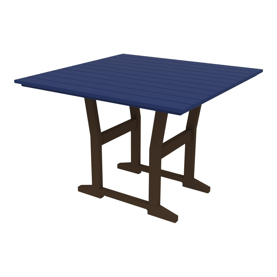 Square outdoor table featuring a dark navy blue top and brown wooden legs with a slatted pattern. Ideal for patios.