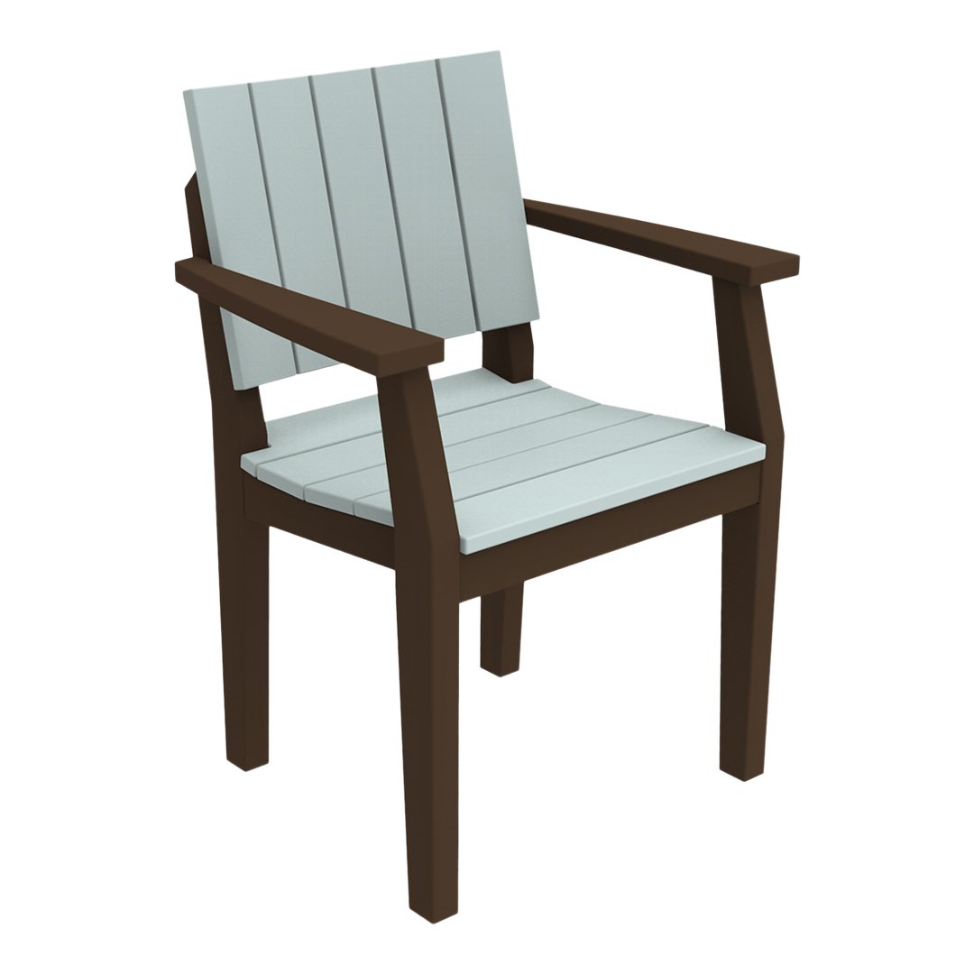 Light blue slatted seat and backrest with dark brown wooden frame. Stylish outdoor or patio accent chair.