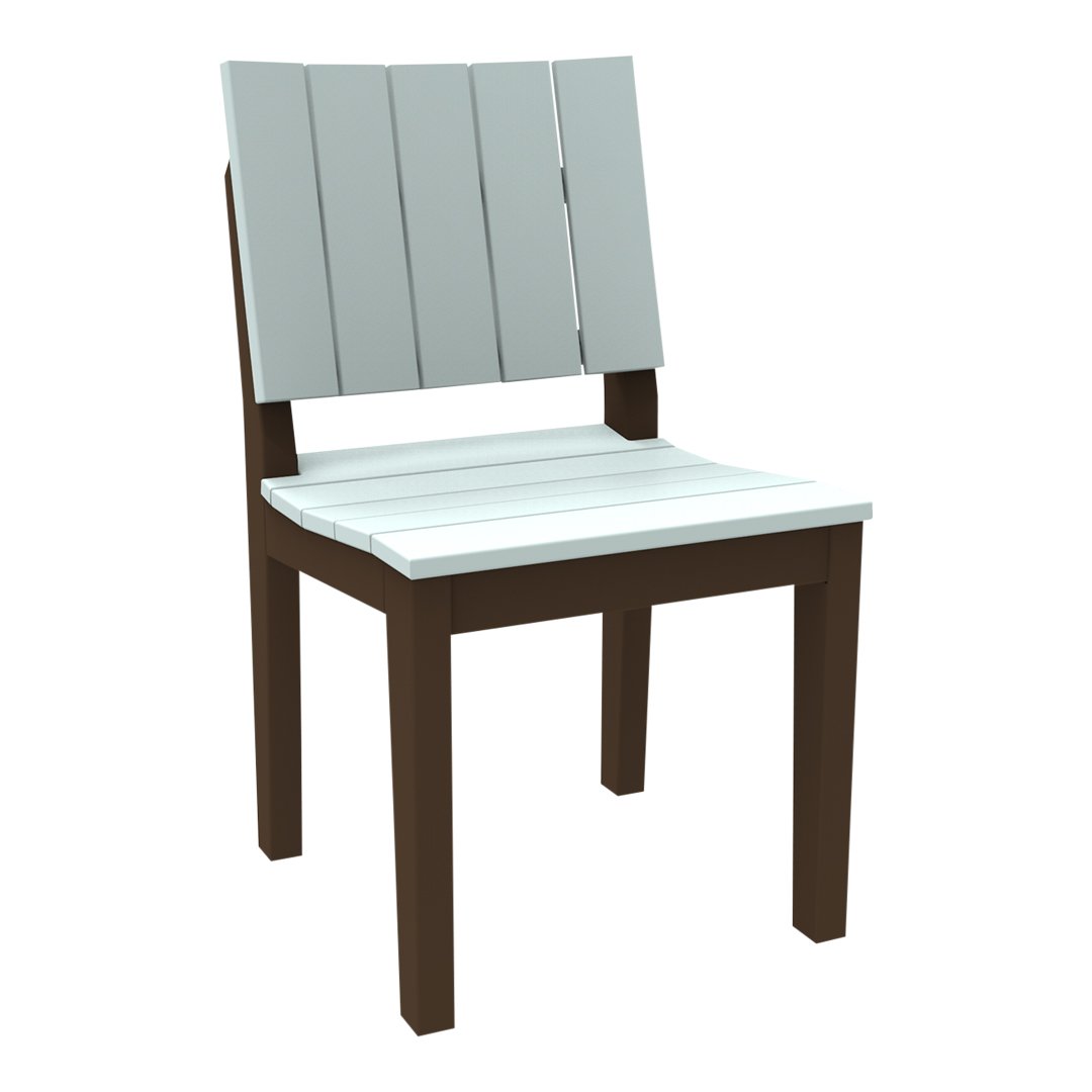 Gray slatted wood chair with a brown frame, featuring a minimalist design ideal for modern decor.
