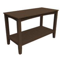 Brown wooden table with a sleek, minimalist design and a slatted lower shelf for added style and functionality.