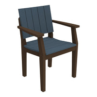 "Modern outdoor chair featuring a dark brown frame with a slatted blue seat and backrest."