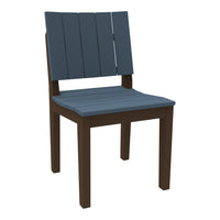 Dark blue slatted chair with a brown wooden frame, perfect for modern outdoor decor.