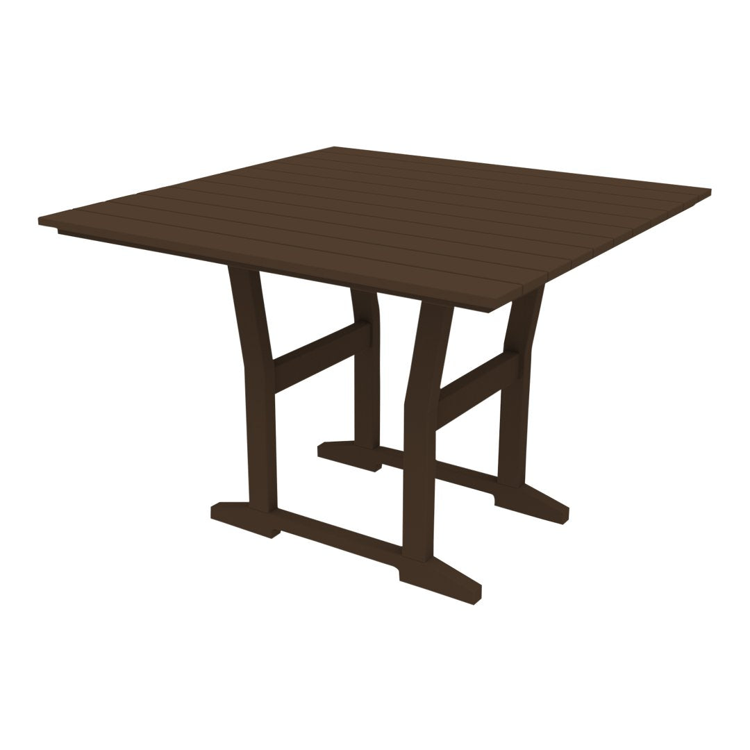 Brown square outdoor table with a slatted top and sturdy, simple legs. Modern and stylish design for any patio.