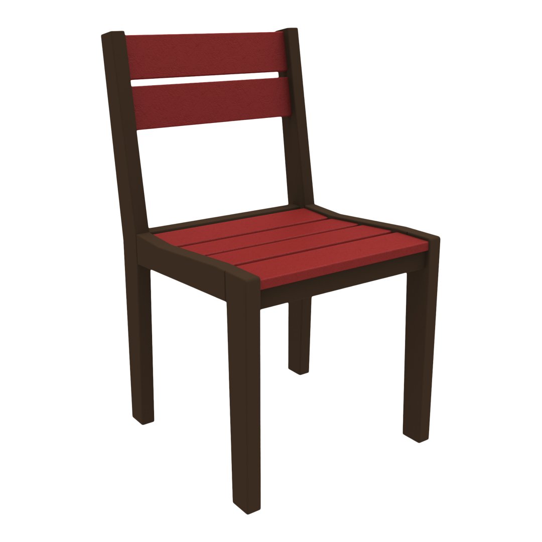 Red slatted seat and backrest with a dark brown frame, modern design perfect for outdoor or indoor use.