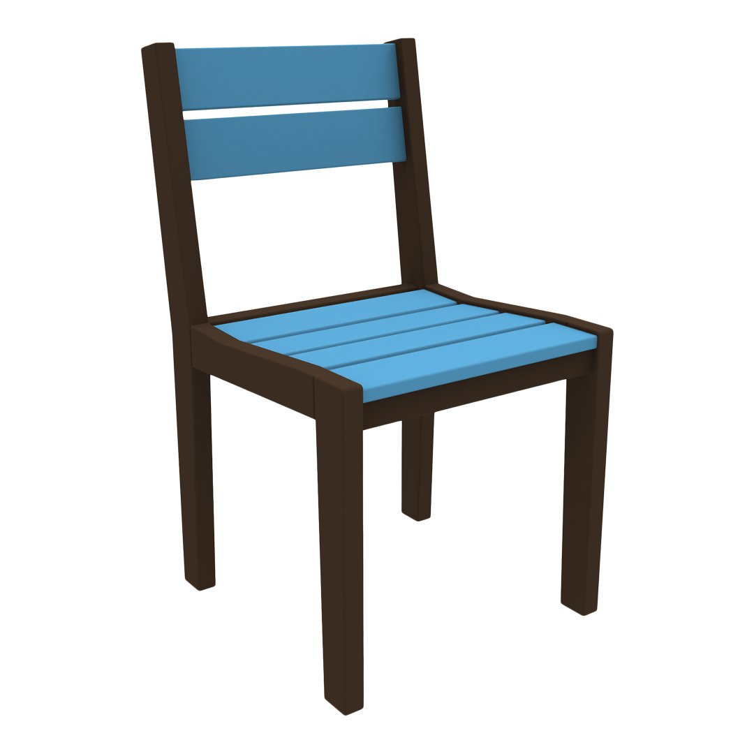 Blue slatted seat and backrest with dark brown frame, showcasing a modern two-tone design. Suitable for outdoor use.