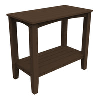 Dark brown wooden table with a slatted design, featuring a lower shelf for added storage.