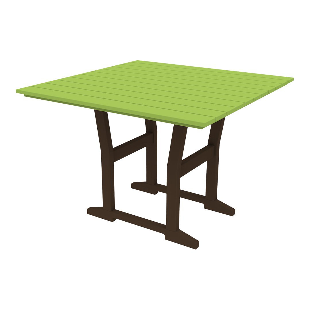 Square outdoor table with a vibrant green slatted top and a contrasting brown base. Perfect for garden use.