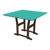 Square outdoor table with a teal top and brown legs, featuring a slatted design for a modern look.