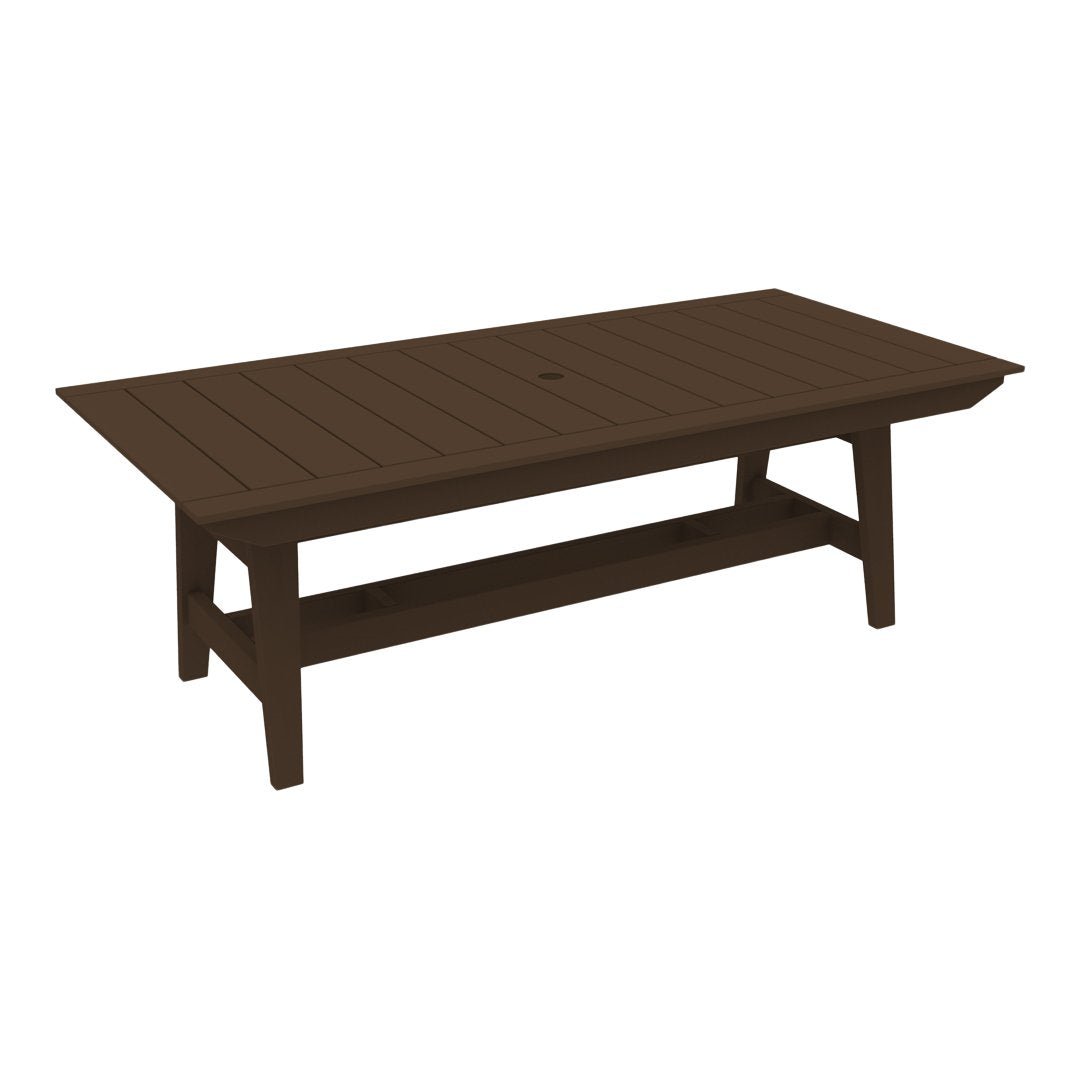 Dark brown rectangular table with a slatted top and sturdy legs, perfect for outdoor dining.
