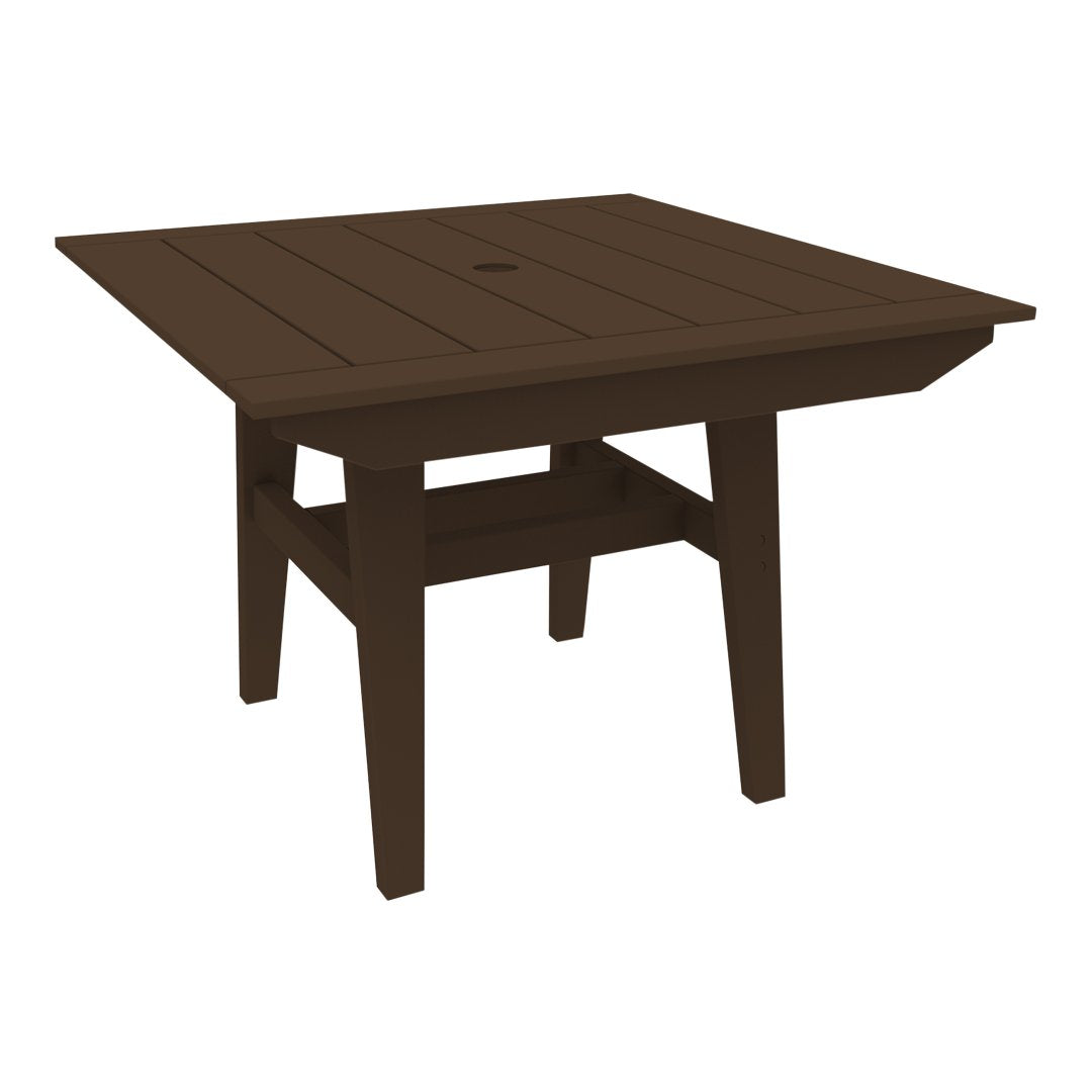Brown square outdoor table with slatted top and sturdy legs, perfect for outdoor dining and entertaining.