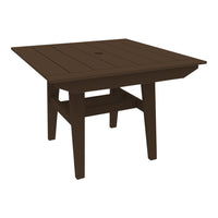 Brown square outdoor table with slatted top and sturdy legs, perfect for outdoor dining and entertaining.