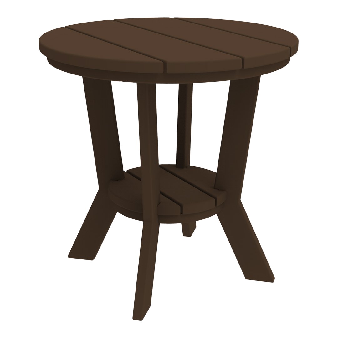 Brown wooden round side table with slatted top and sturdy legs, ideal for outdoor or indoor use.