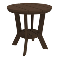 Brown wooden round side table with slatted top and sturdy legs, ideal for outdoor or indoor use.