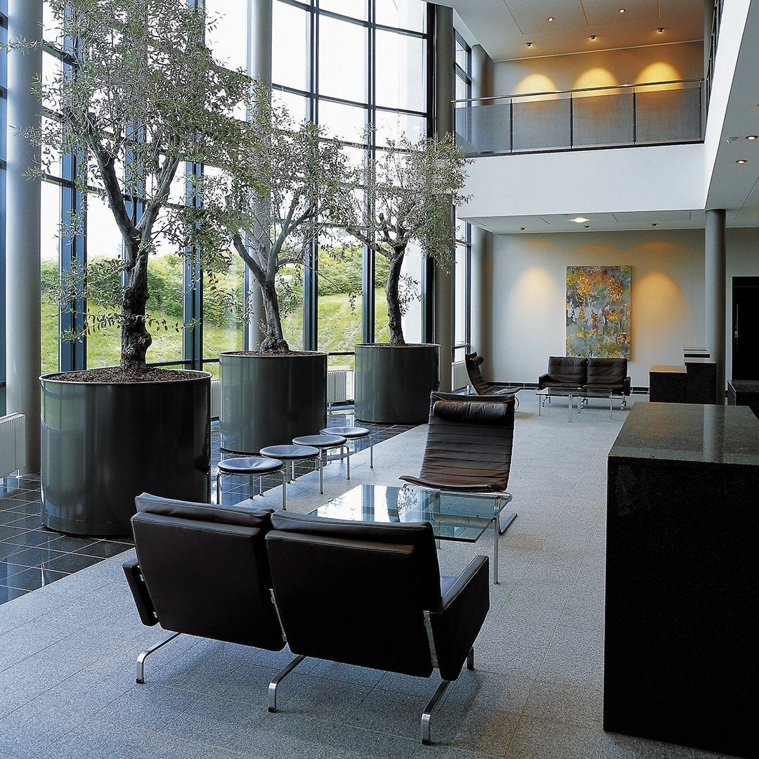 Modern lobby with sleek black chairs, glass tables, greenery, and large windows. Neutral tones with a pop of color.