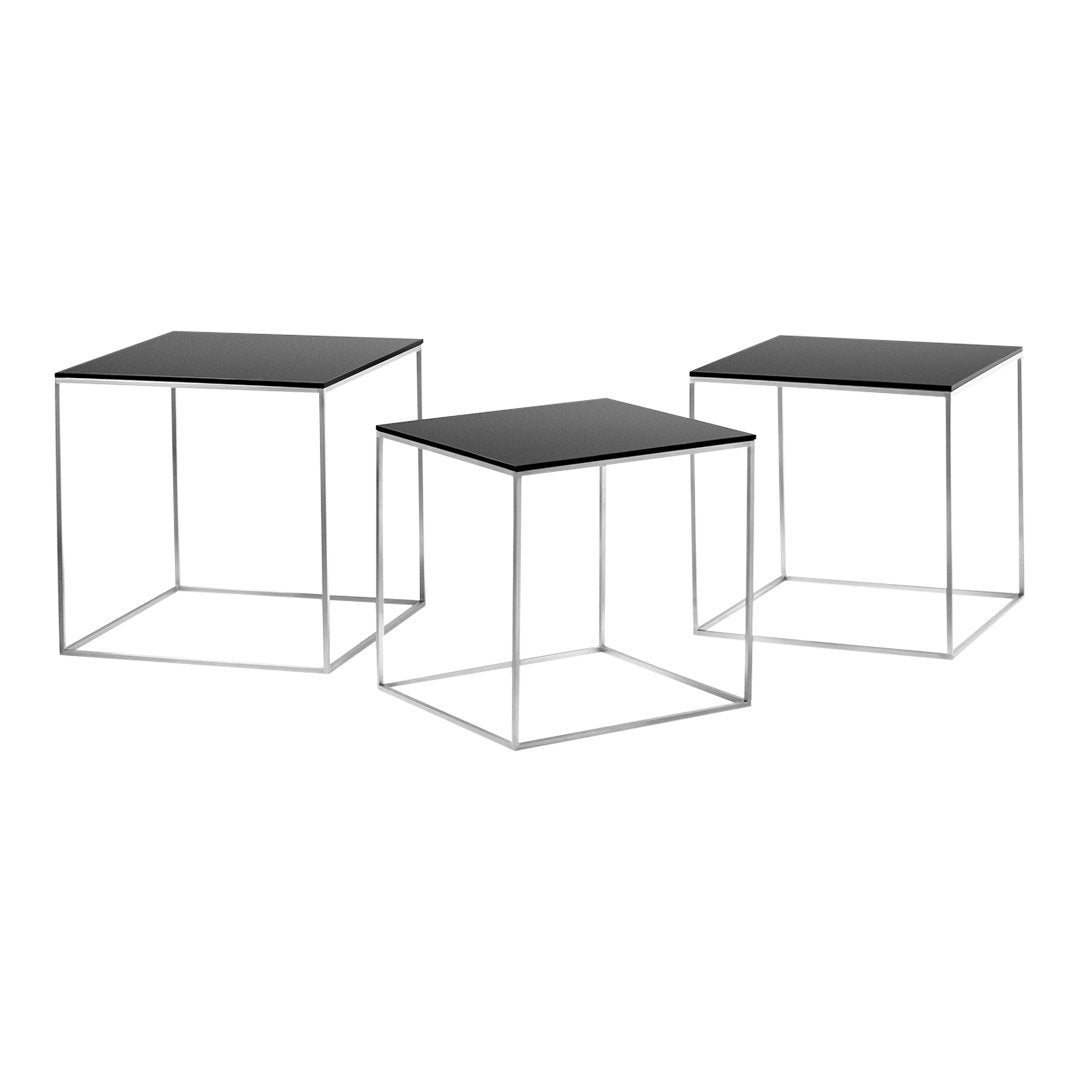 "Set of three modern black square side tables with sleek metal frames, featuring a minimalist design."