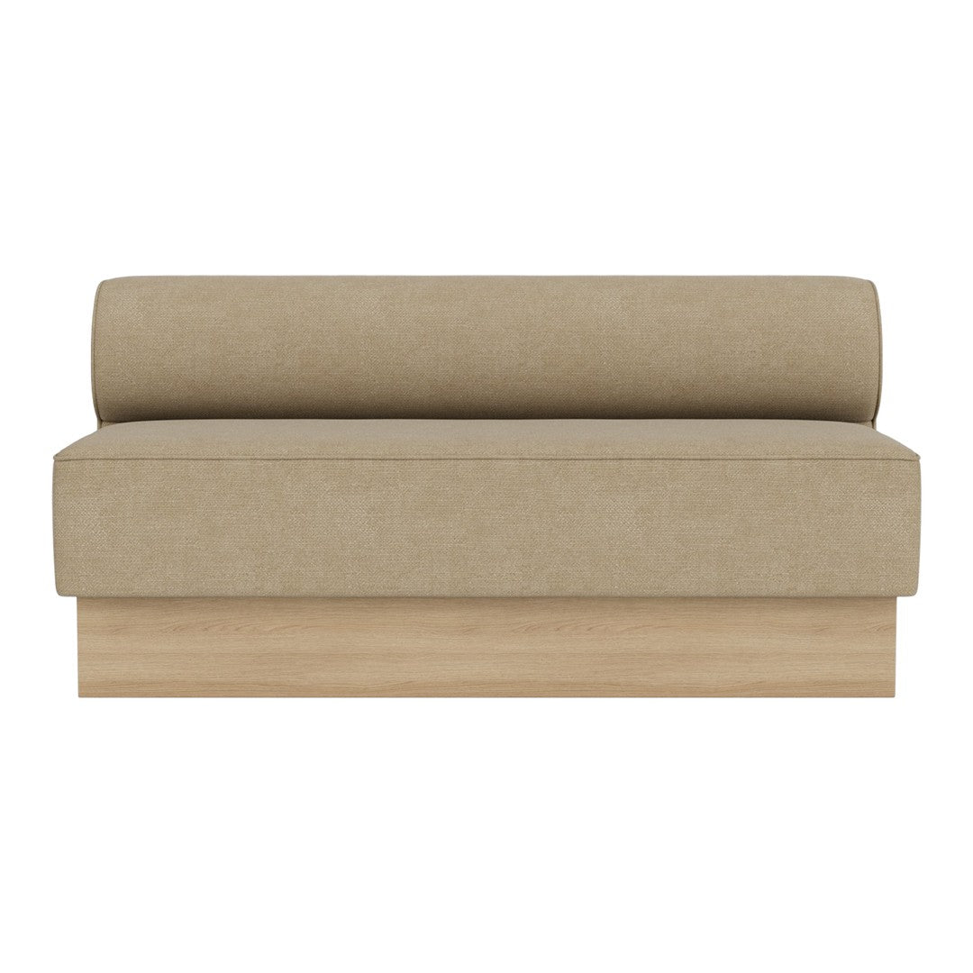 Beige upholstered sofa with a smooth fabric surface and a streamlined design, featuring a rounded back cushion.