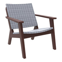 Gray woven seat and backrest on a dark brown wooden frame, featuring a chic, modern design. Ideal for outdoor seating.