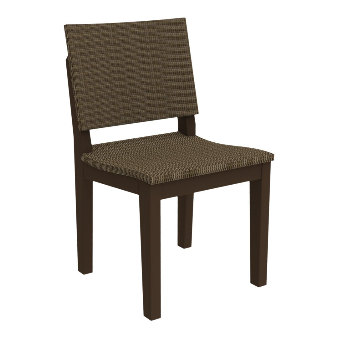 Brown checkered upholstery on a sleek wooden chair with a dark brown finish.
