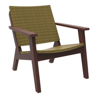 Brown wooden chair with a textured olive green woven seat and backrest, perfect for outdoor or indoor use.