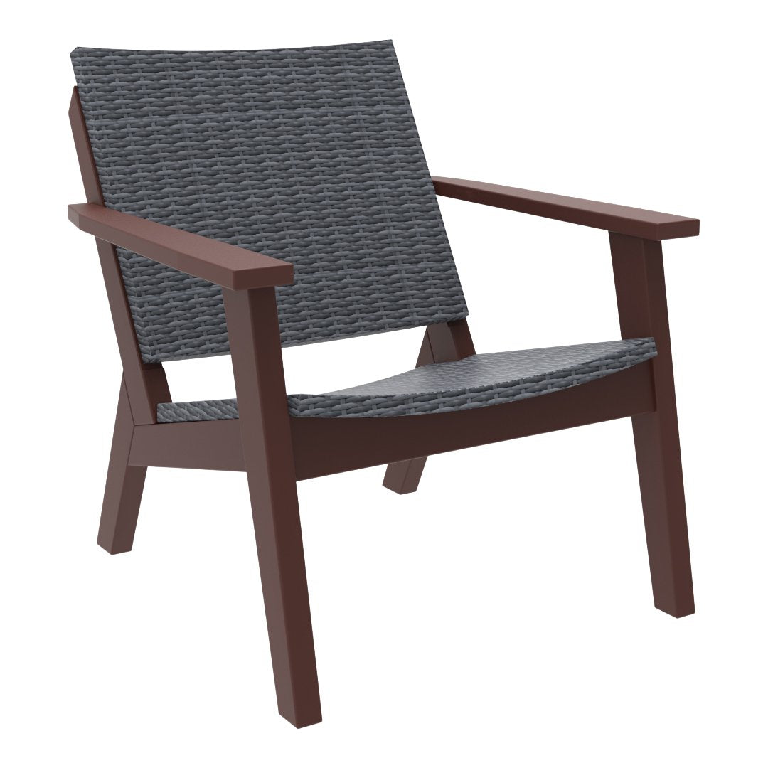 Gray woven seat with a dark brown wooden frame, offering a modern, textured design for outdoor seating.