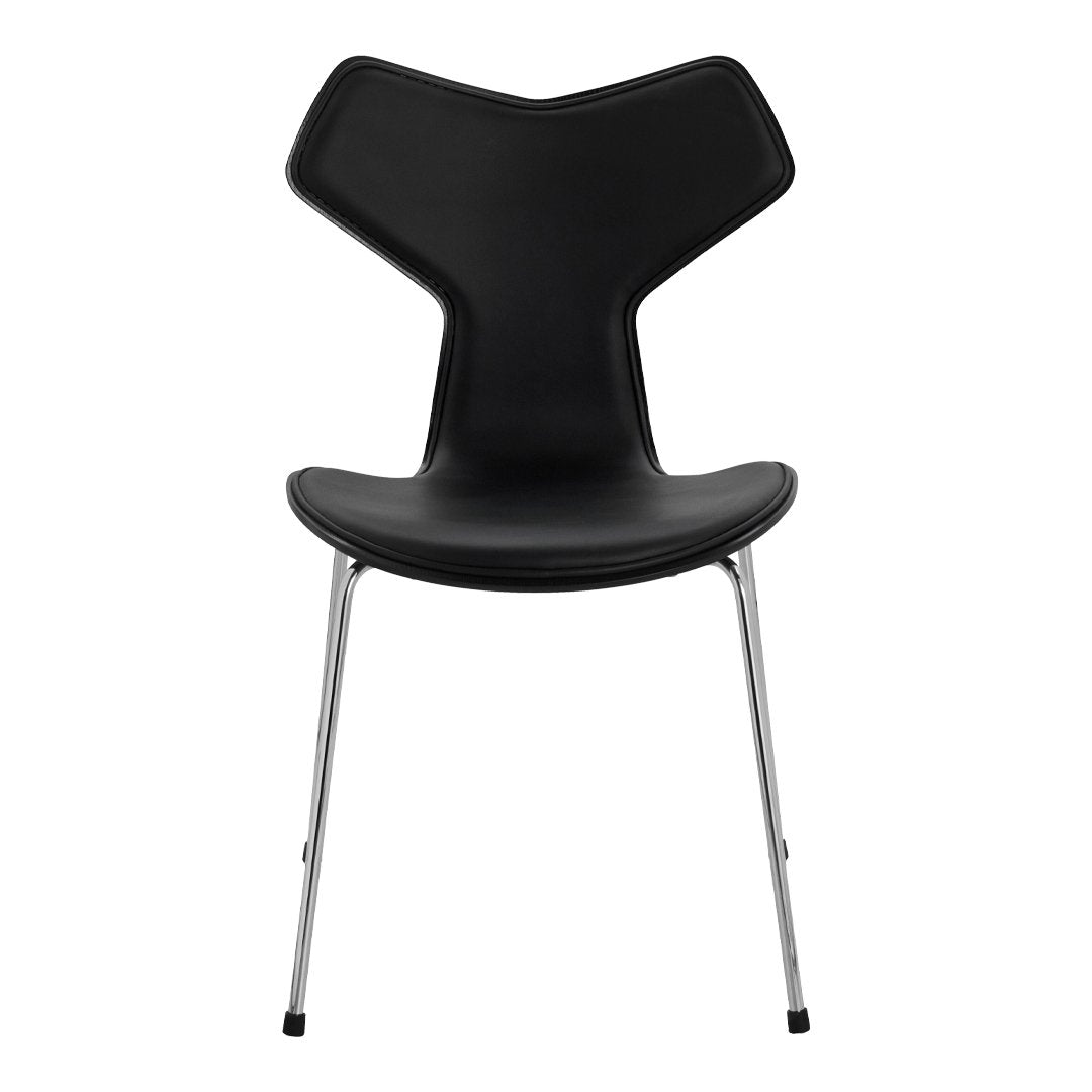 Black modern chair with a unique Y-shaped backrest and chrome legs, featuring a sleek, minimalist design.