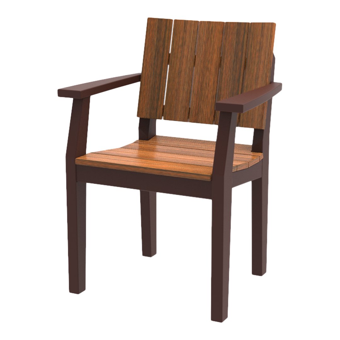 Brown wooden chair with a slatted back and seat, featuring a rich, warm wood grain pattern and dark armrests.