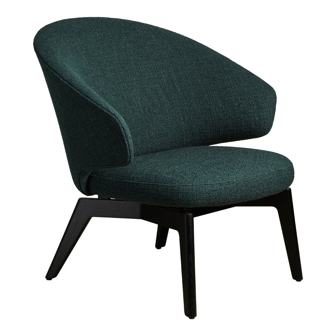 Mid-century modern chair in deep teal fabric with subtle textured pattern and sleek black wooden legs.