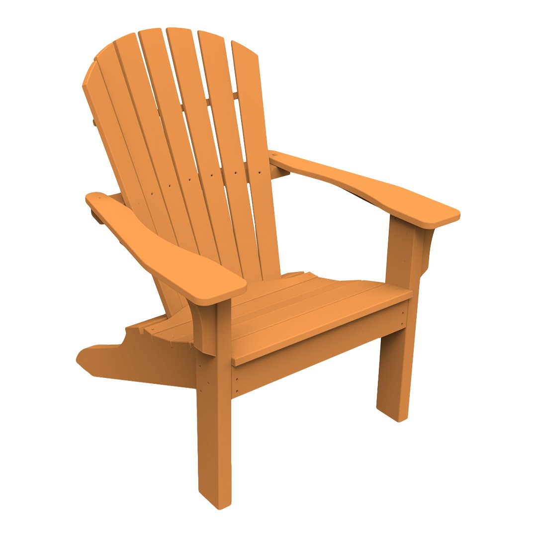 Orange Adirondack chair with smooth, slatted design and wide armrests, perfect for outdoor relaxation.