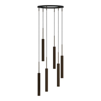 Modern black hanging pendant light with sleek brown cylindrical shades, featuring a minimalist design.