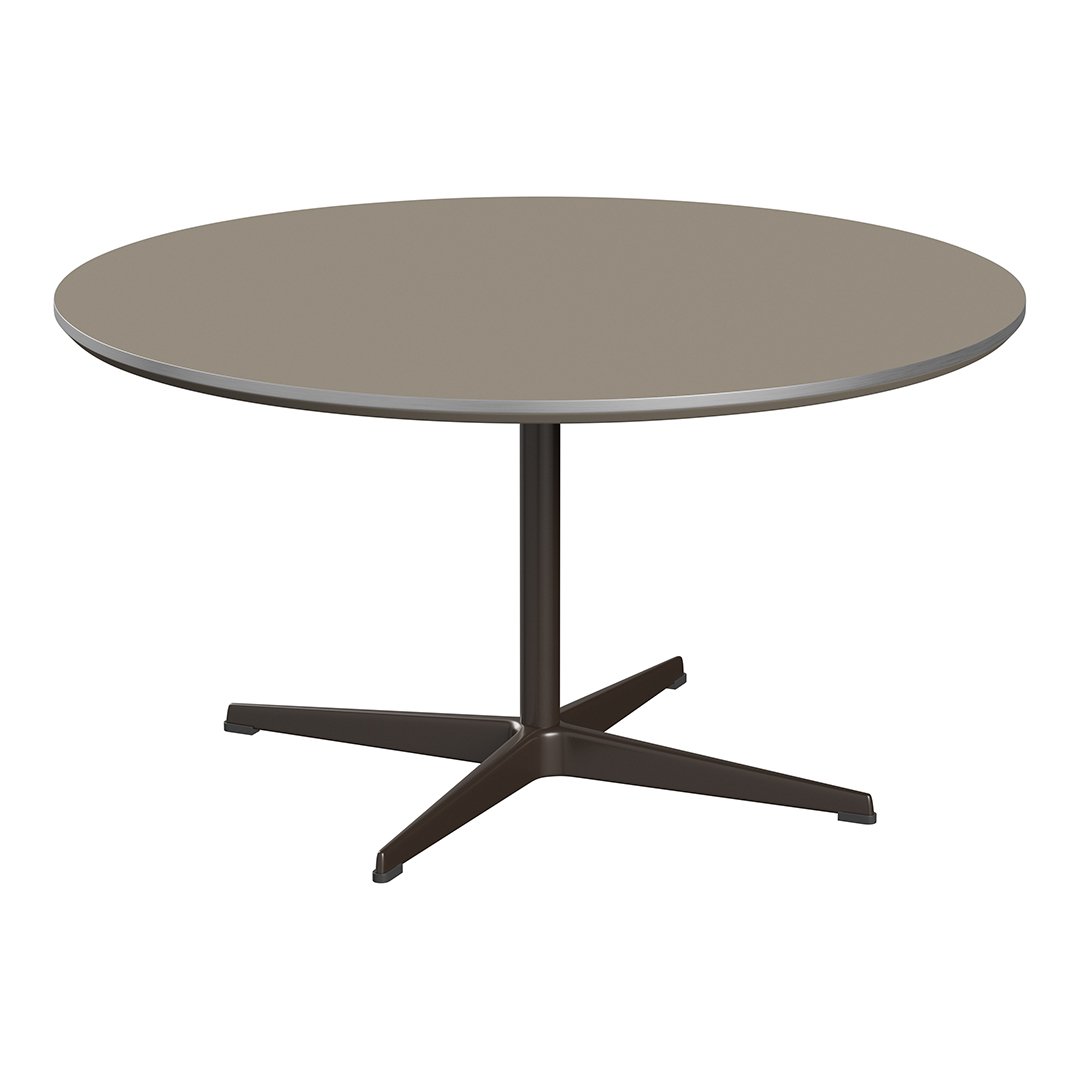 Round table with a smooth, neutral gray top and a sleek black base, perfect for modern decor.