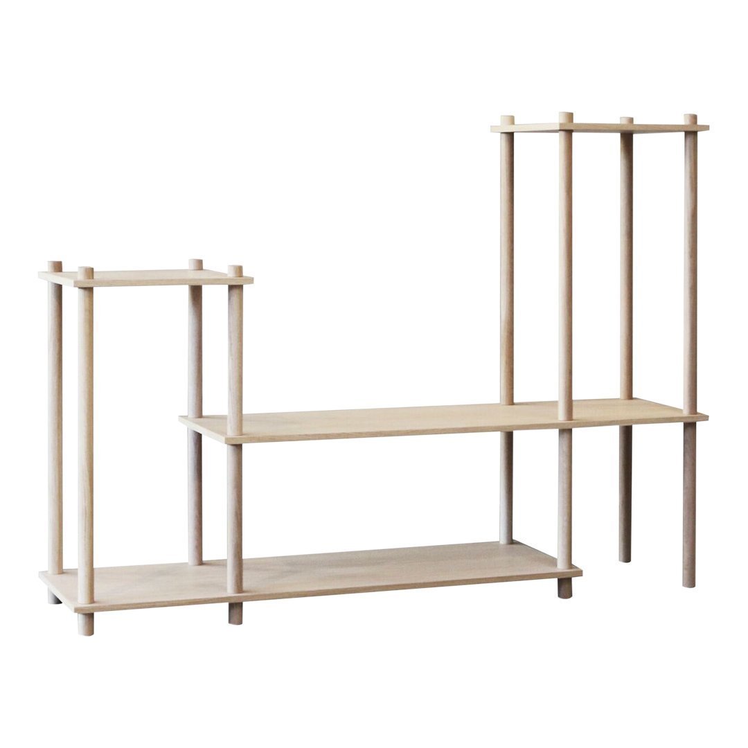 Light wood shelving unit with a minimalist design, featuring natural colors and clean lines.