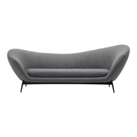 Gray upholstered sofa with a sleek, curved design and black metal legs, featuring a minimalist modern aesthetic.