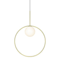 Sleek gold pendant light with a white spherical shade and minimalist circular design, perfect for modern decor.