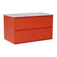 Bright orange dresser with a speckled white top and two spacious drawers, perfect for modern decor.