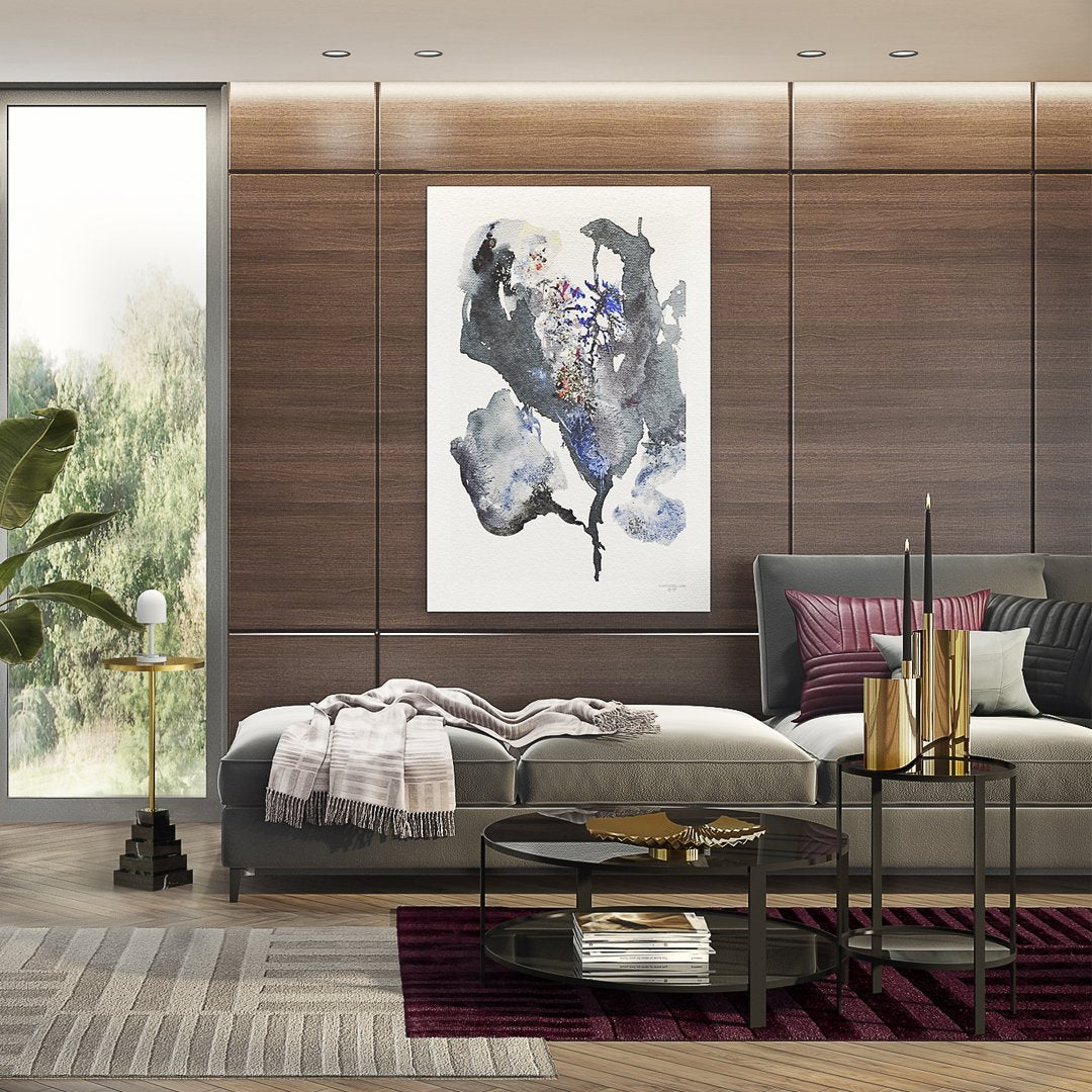 Abstract art print featuring blue, gray, and purple hues with fluid patterns, perfect for modern decor.