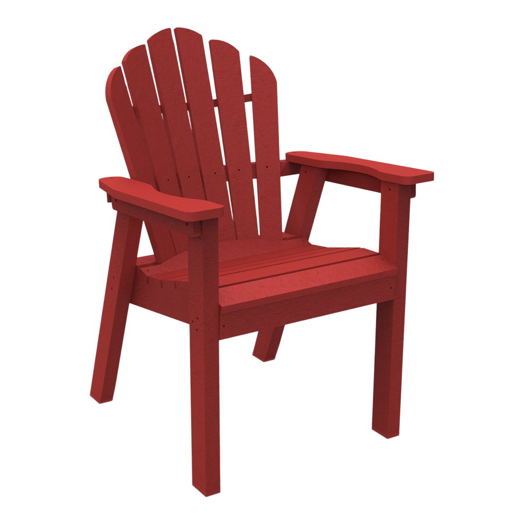 Red adirondack chair with slatted backrest and armrests, perfect for outdoor relaxation.