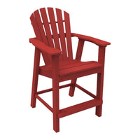 Red Adirondack bar chair with classic slatted design, perfect for outdoor seating and vibrant decor.