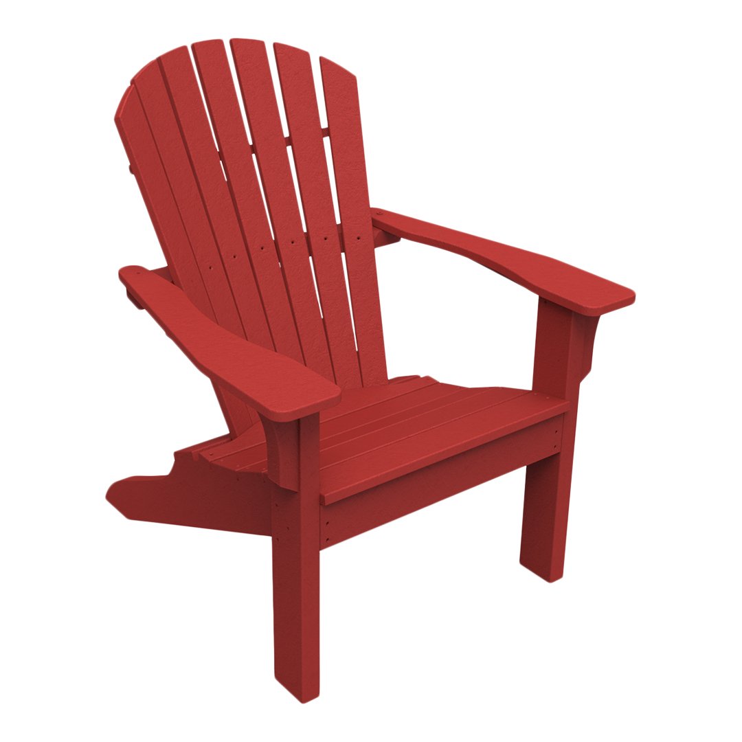 Red Adirondack chair with a classic slatted design, perfect for outdoor relaxation.