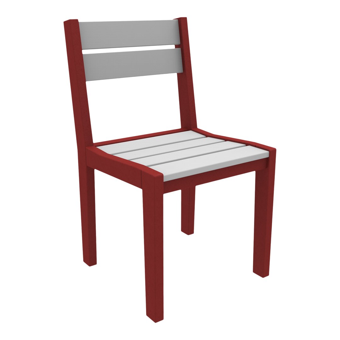 Red and gray wooden chair with slatted seat and backrest, offering a modern, two-tone design. Ideal for outdoor use.