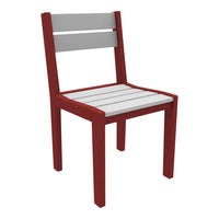 Red and gray wooden chair with slatted seat and backrest, offering a modern, two-tone design. Ideal for outdoor use.