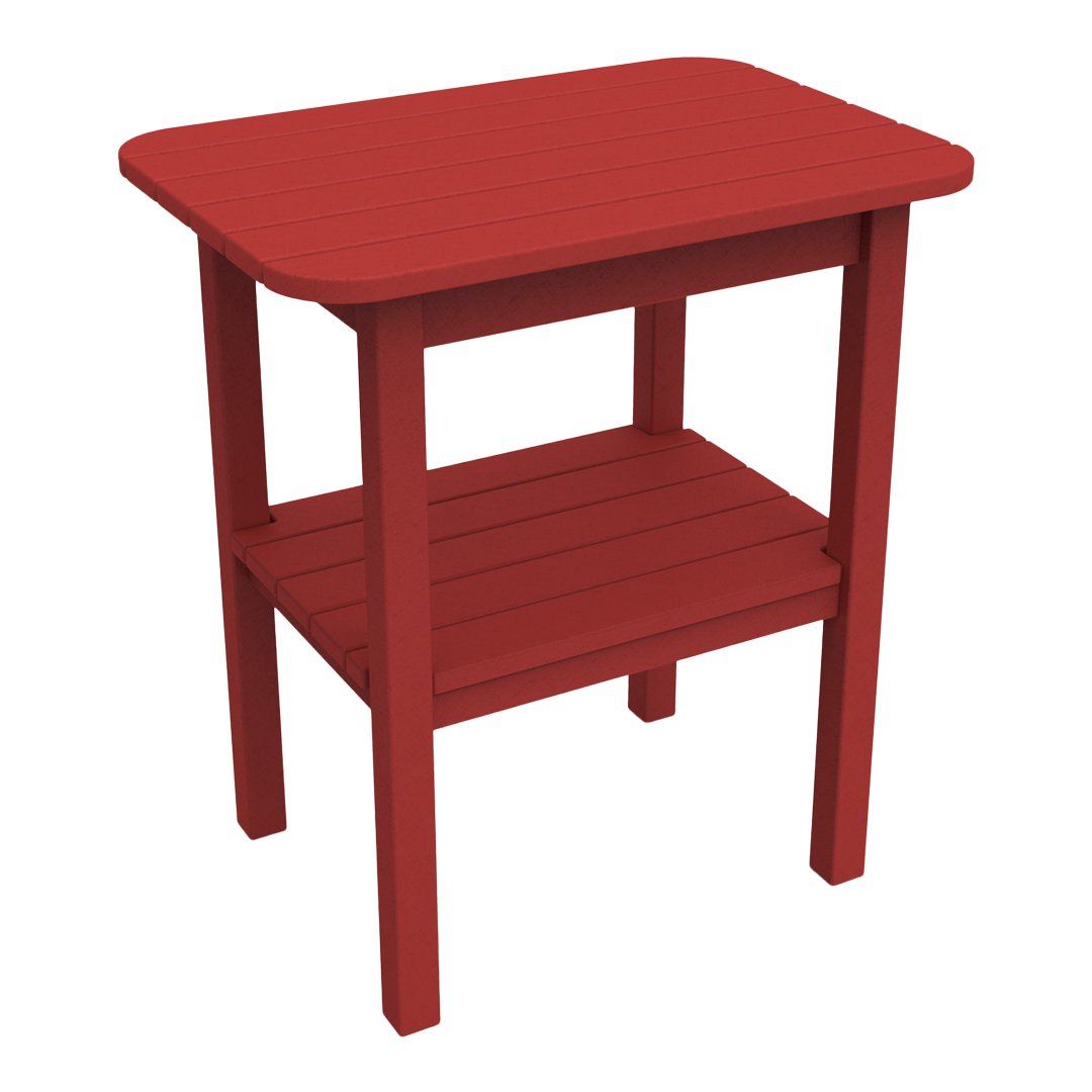 Red wooden side table with a smooth surface and slatted lower shelf. Ideal for outdoor or indoor use.