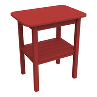 Red wooden side table with a smooth surface and slatted lower shelf. Ideal for outdoor or indoor use.