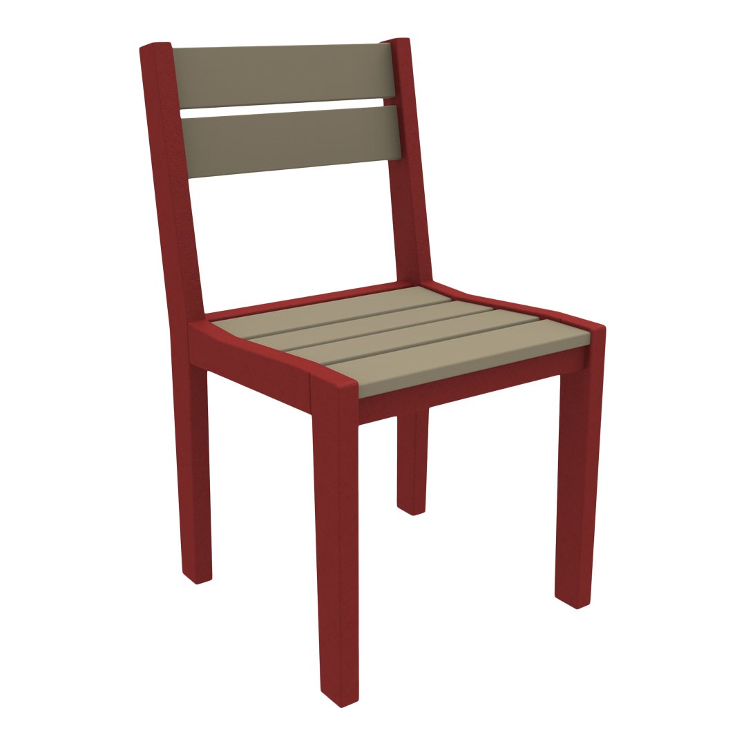 Red and beige wooden chair with a modern design, featuring a slatted seat and backrest.